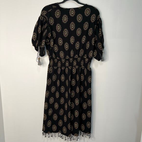 POL Boho Peasant Black Floral Artisan Midi Dress Cinched Waist Tassels Indie M - Picture 11 of 14